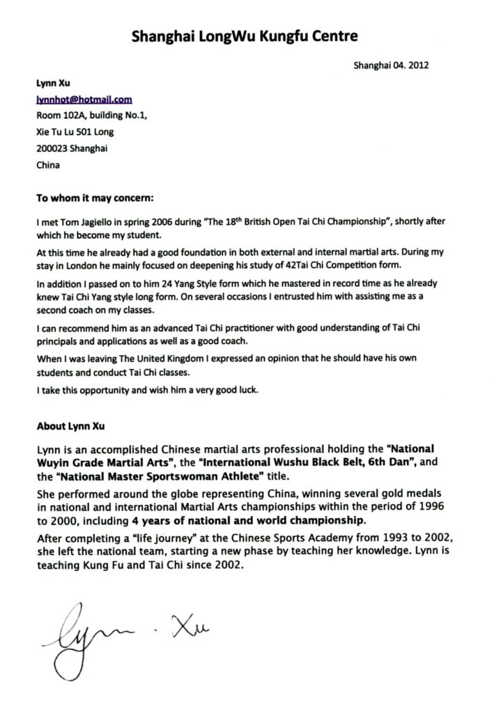Shifu Lynn Xu reference letter.